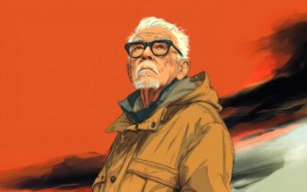 An elderly man with white hair, beard, and glasses wears a tan coat, standing against a vivid orange and black abstract background, looking upward with a thoughtful expression.