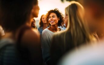 A woman with curly hair smiles brightly while standing among a group of people outdoors at sunset, creating a warm and joyful atmosphere.