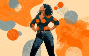Illustration of a confident woman with curly hair, hands on hips, wearing a blue top with large orange polka dots and jeans, standing against an abstract background with orange and gray circular shapes.
