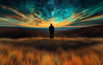 A person stands in tall golden grass on a hilltop, gazing at a vibrant, colorful sunset sky filled with swirling clouds and stars over a vast, mountainous landscape.