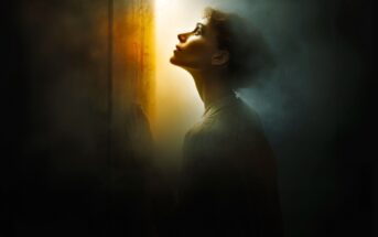 A woman stands in a dark, smoky room, gazing upward toward a bright, warm light streaming through a slightly open door, illuminating her face and silhouette.