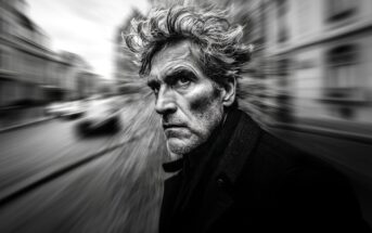 Black and white portrait of a man with wild hair and a serious expression, set against a blurred urban background.