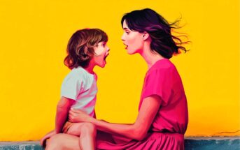 A woman in a pink dress sits facing a young child in a white shirt. Both have open mouths as if talking or singing. The background is bright yellow, creating a cheerful and vibrant scene.