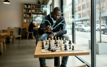 A man sits at a café table by a window, focused on a chessboard as digital strategy icons appear above the board, representing analysis and planning during a game of chess.